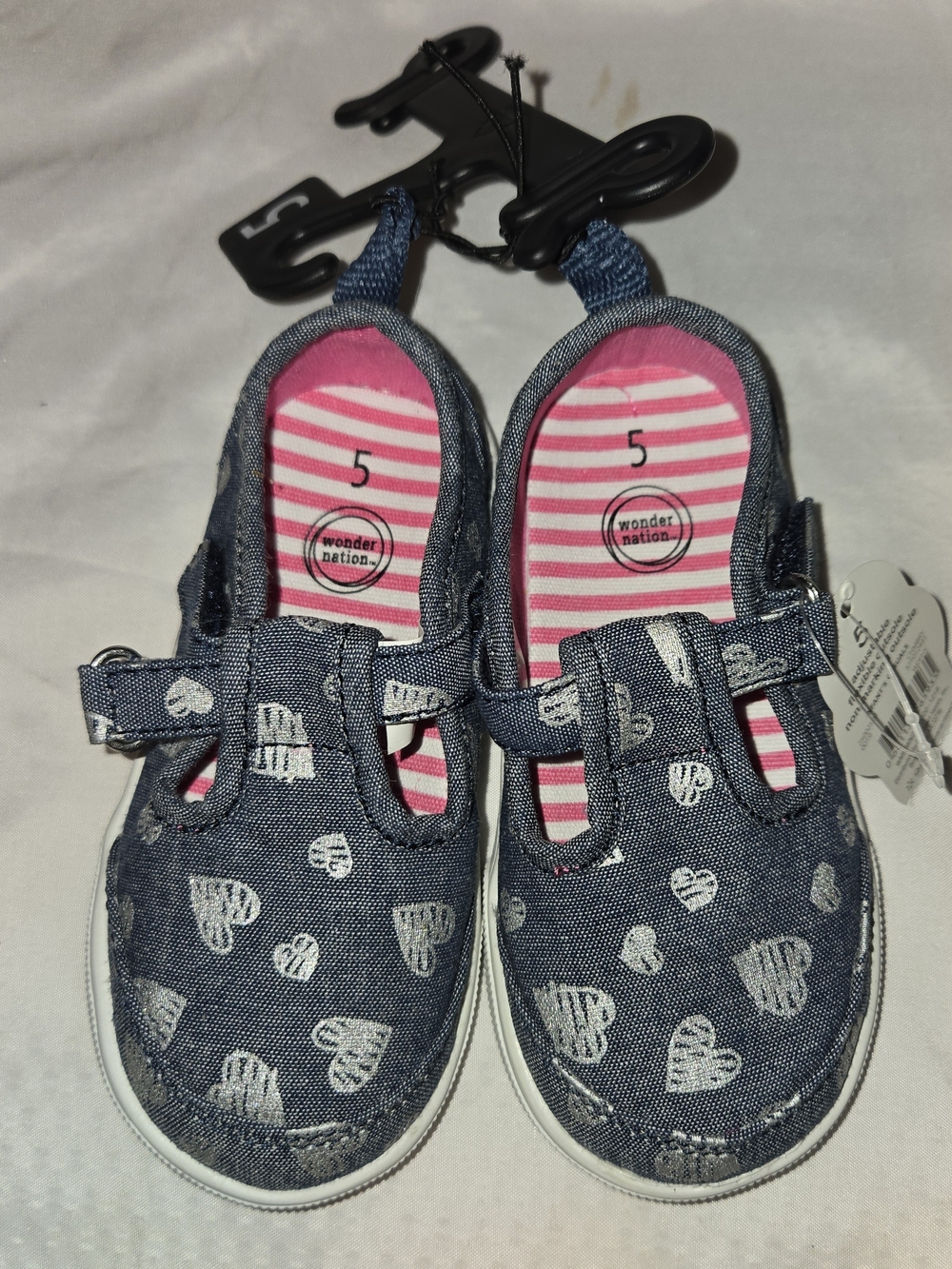 Wonder Nation Girls' Navy Heart Print Mary Jane Shoes - Pink Lining SZ 5
